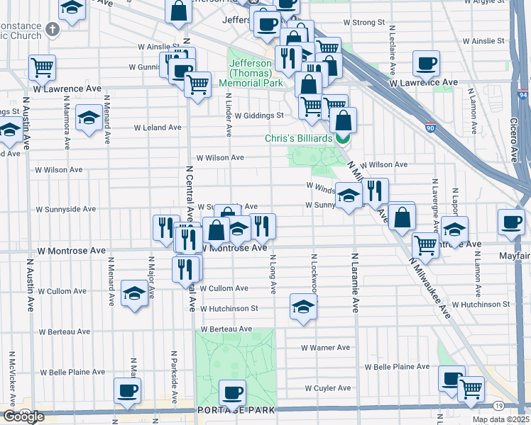 map of restaurants, bars, coffee shops, grocery stores, and more near 5428i West Sunnyside Avenue in Chicago