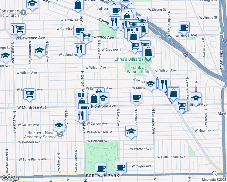 map of restaurants, bars, coffee shops, grocery stores, and more near 5428i West Sunnyside Avenue in Chicago