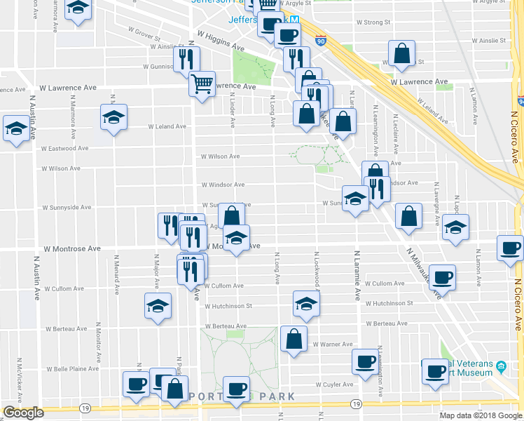 map of restaurants, bars, coffee shops, grocery stores, and more near 5428i West Sunnyside Avenue in Chicago