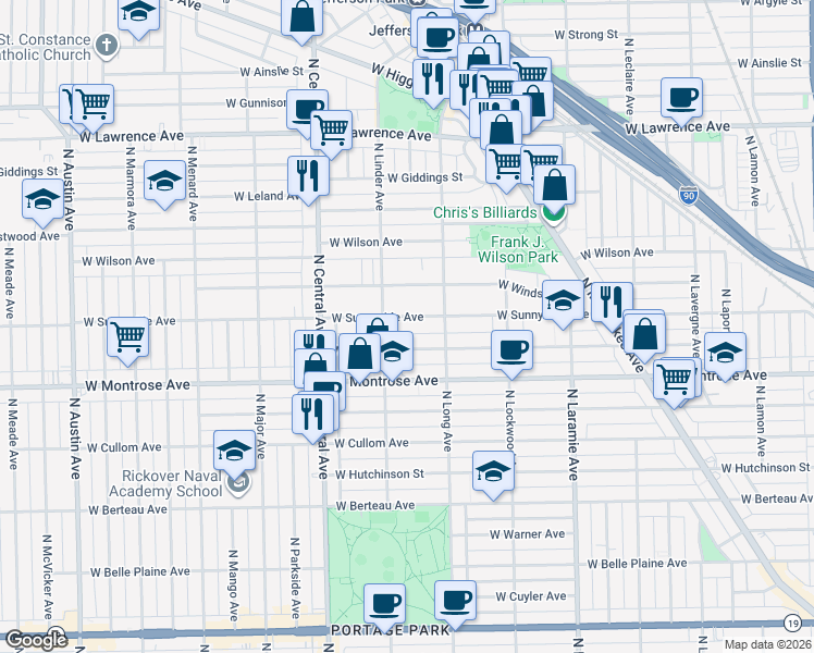 map of restaurants, bars, coffee shops, grocery stores, and more near 5428i West Sunnyside Avenue in Chicago