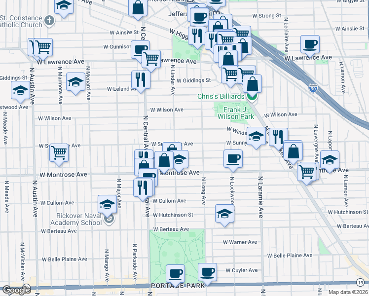 map of restaurants, bars, coffee shops, grocery stores, and more near 5428i West Sunnyside Avenue in Chicago