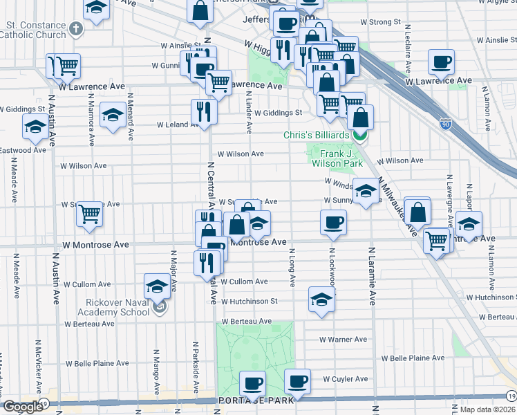 map of restaurants, bars, coffee shops, grocery stores, and more near 5500 West Sunnyside Avenue in Chicago