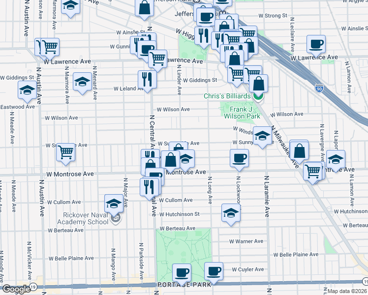 map of restaurants, bars, coffee shops, grocery stores, and more near 5500 West Sunnyside Avenue in Chicago