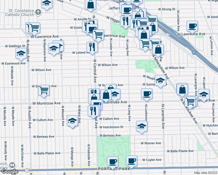 map of restaurants, bars, coffee shops, grocery stores, and more near 5500 West Sunnyside Avenue in Chicago