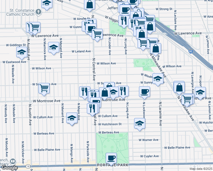 map of restaurants, bars, coffee shops, grocery stores, and more near 5500 West Sunnyside Avenue in Chicago