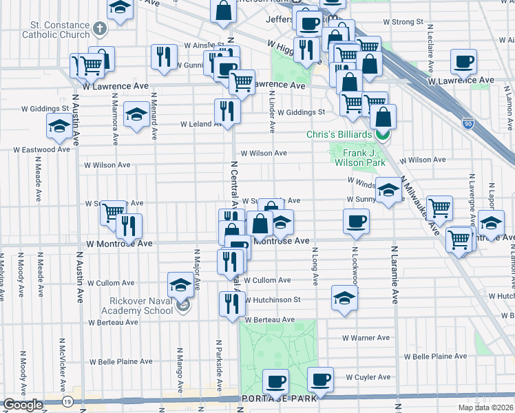 map of restaurants, bars, coffee shops, grocery stores, and more near 5532 West Sunnyside Avenue in Chicago