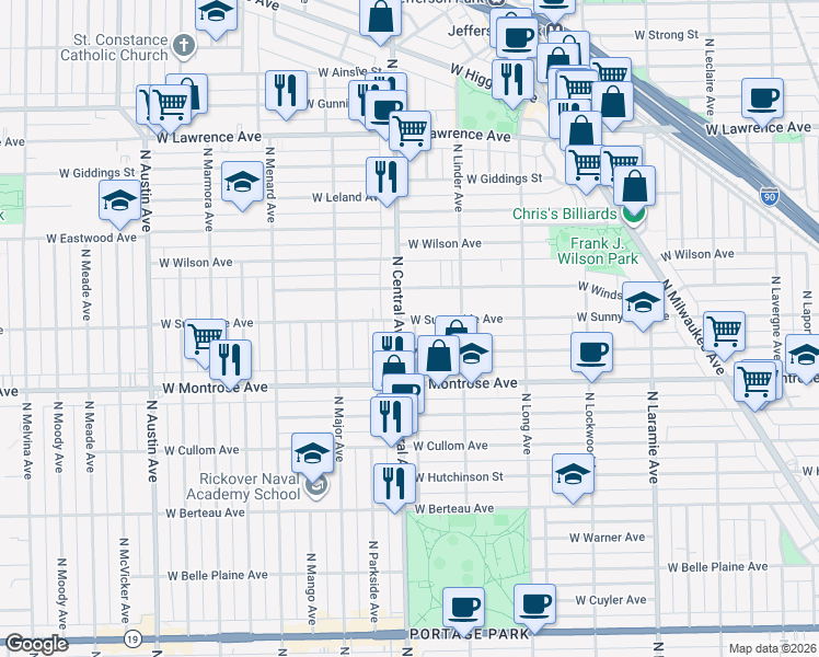 map of restaurants, bars, coffee shops, grocery stores, and more near 5532 West Sunnyside Avenue in Chicago