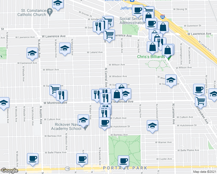 map of restaurants, bars, coffee shops, grocery stores, and more near 5532 West Sunnyside Avenue in Chicago