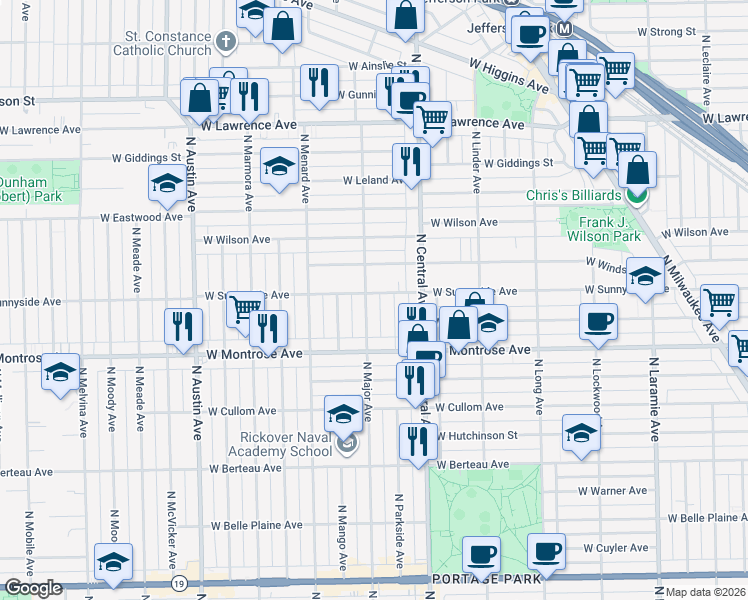 map of restaurants, bars, coffee shops, grocery stores, and more near 5658 West Sunnyside Avenue in Chicago