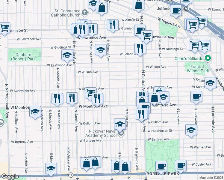 map of restaurants, bars, coffee shops, grocery stores, and more near 4508 North Menard Avenue in Chicago