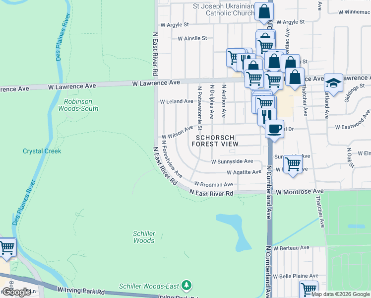 map of restaurants, bars, coffee shops, grocery stores, and more near 4549 North Reserve Avenue in Chicago