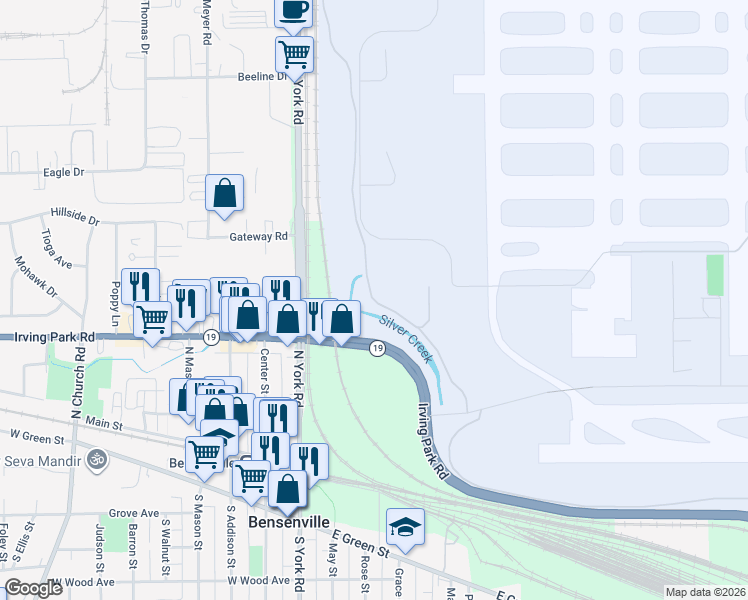 map of restaurants, bars, coffee shops, grocery stores, and more near 205 Irving Park Road in Bensenville