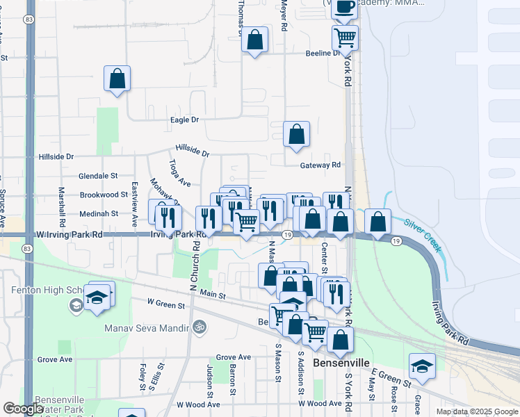 map of restaurants, bars, coffee shops, grocery stores, and more near 221 North Walnut Street in Bensenville