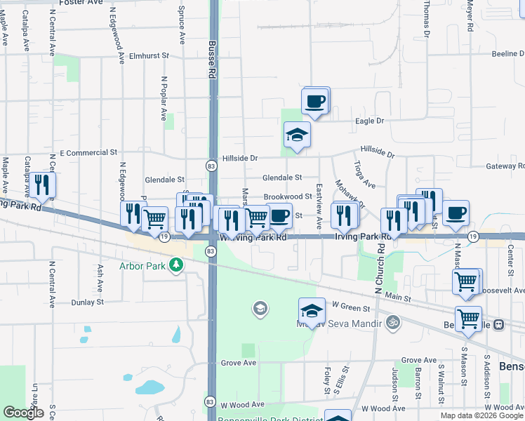 map of restaurants, bars, coffee shops, grocery stores, and more near 223 Marshall Road in Bensenville