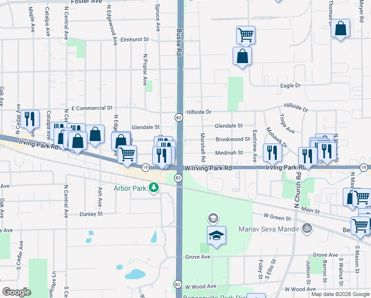 map of restaurants, bars, coffee shops, grocery stores, and more near 1112 Brookwood Street in Bensenville