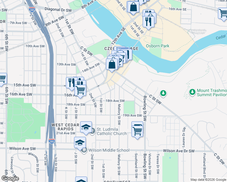 map of restaurants, bars, coffee shops, grocery stores, and more near 130 17th Avenue Southwest in Cedar Rapids