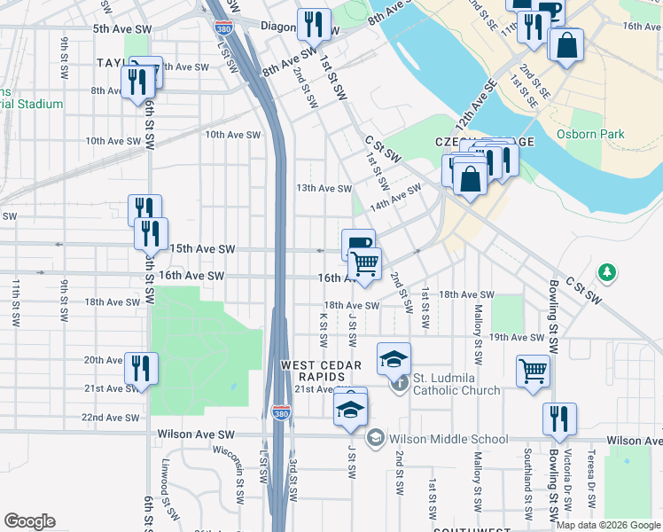 map of restaurants, bars, coffee shops, grocery stores, and more near 1507 K Street Southwest in Cedar Rapids