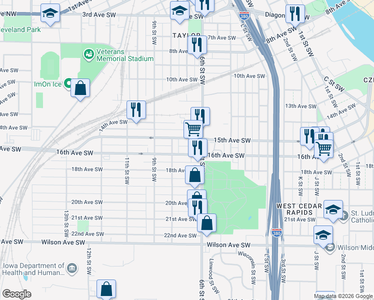 map of restaurants, bars, coffee shops, grocery stores, and more near 639 15th Avenue Southwest in Cedar Rapids