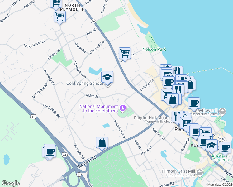 map of restaurants, bars, coffee shops, grocery stores, and more near 25 Alden Street in Plymouth