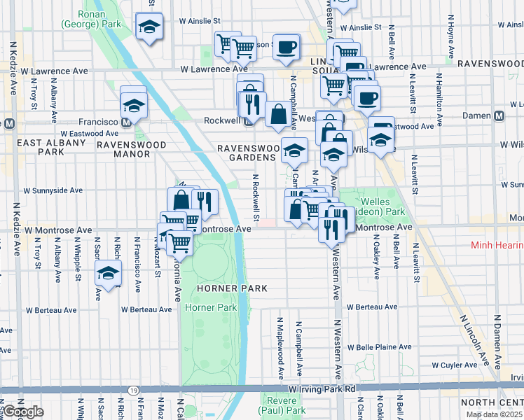 map of restaurants, bars, coffee shops, grocery stores, and more near 4438 North Maplewood Avenue in Chicago