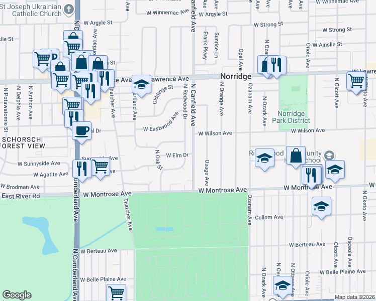 map of restaurants, bars, coffee shops, grocery stores, and more near 4515 North Redwood Drive in Norridge