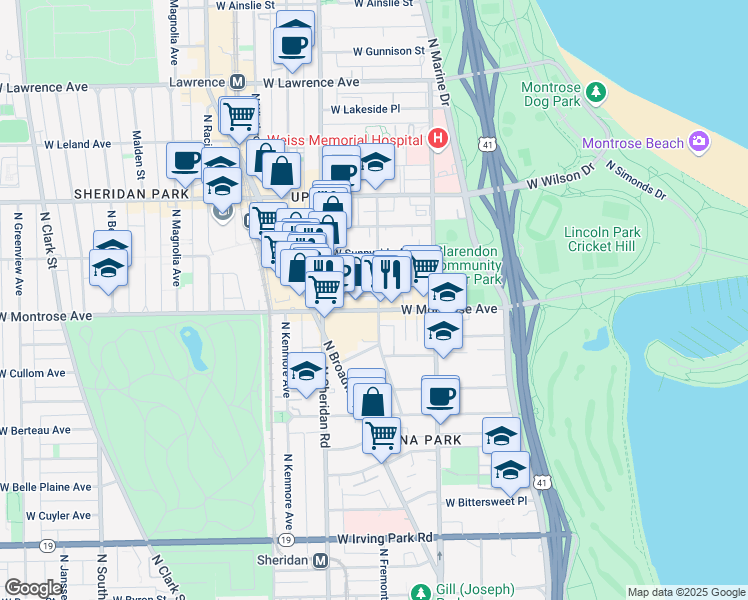 map of restaurants, bars, coffee shops, grocery stores, and more near 4410 North Hazel Street in Chicago