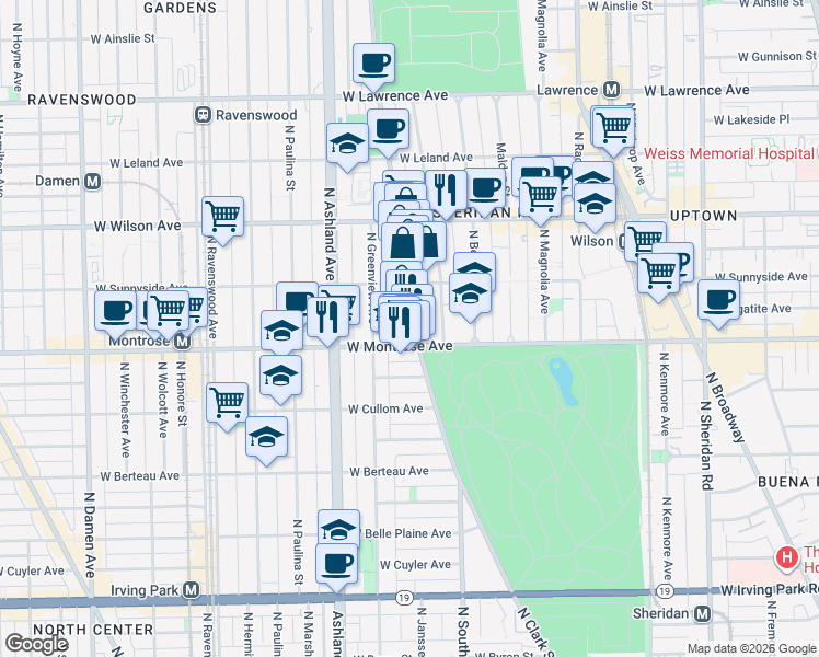 map of restaurants, bars, coffee shops, grocery stores, and more near 4415 North Clark Street in Chicago