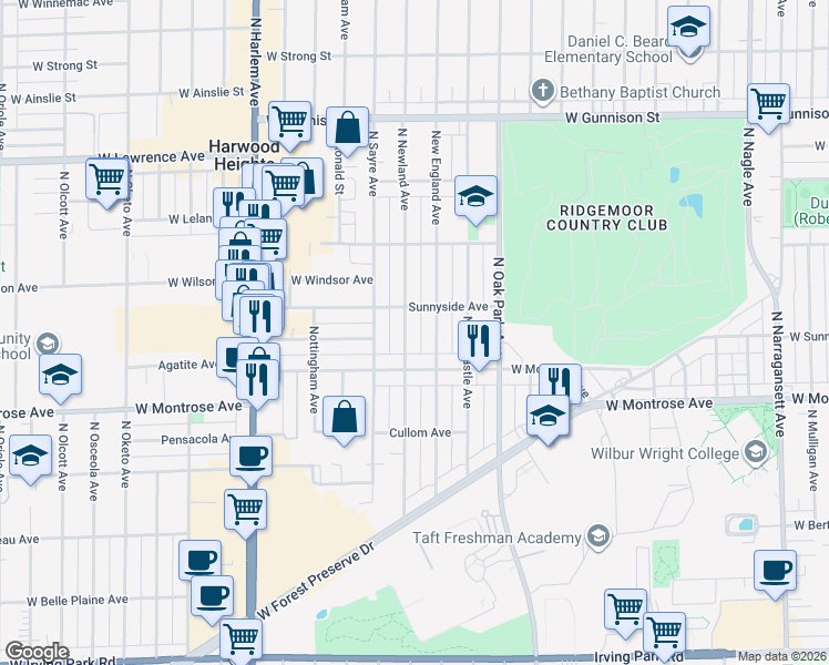 map of restaurants, bars, coffee shops, grocery stores, and more near 4449 North Newland Avenue in Harwood Heights