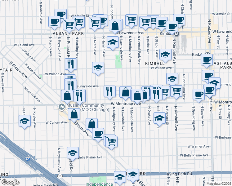 map of restaurants, bars, coffee shops, grocery stores, and more near 3725 West Sunnyside Avenue in Chicago