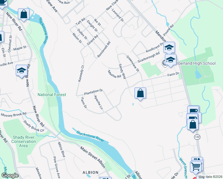 map of restaurants, bars, coffee shops, grocery stores, and more near 6 Pasquale Drive in Cumberland