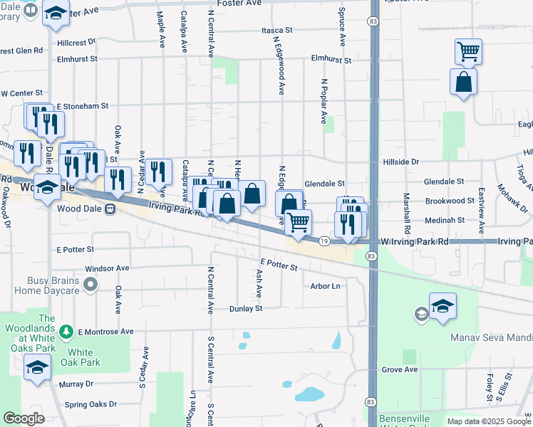 map of restaurants, bars, coffee shops, grocery stores, and more near 259 Ash Avenue in Wood Dale