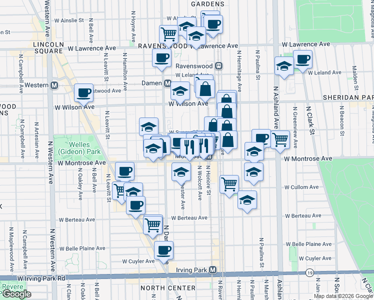 map of restaurants, bars, coffee shops, grocery stores, and more near 4432 North Wolcott Avenue in Chicago