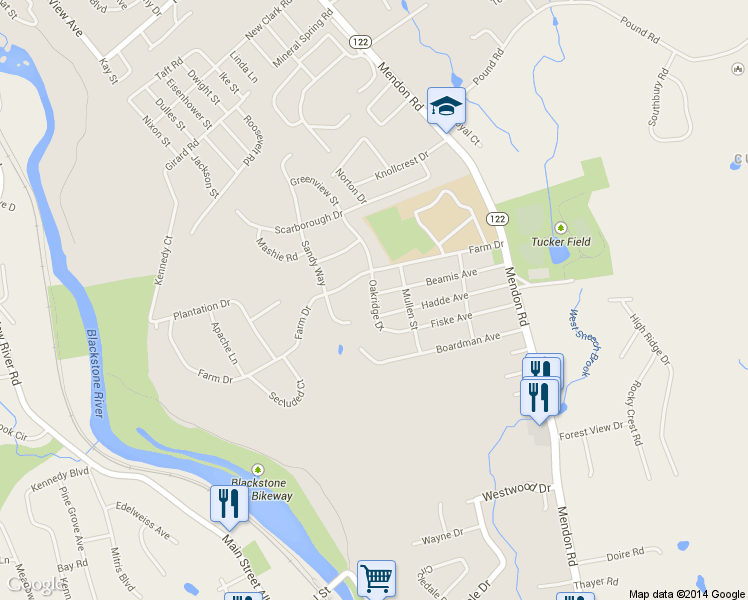 map of restaurants, bars, coffee shops, grocery stores, and more near 9 Oakridge Drive in Cumberland