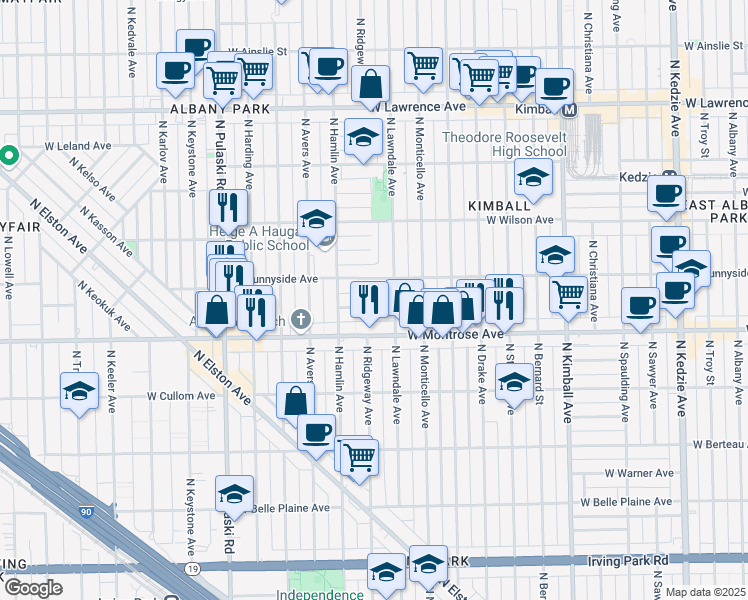 map of restaurants, bars, coffee shops, grocery stores, and more near 3720 West Agatite Avenue in Chicago