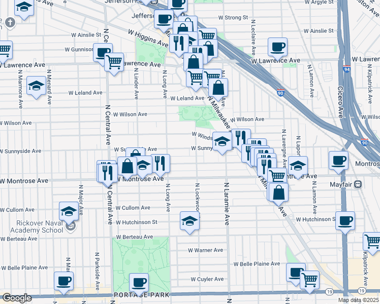 map of restaurants, bars, coffee shops, grocery stores, and more near 5311 West Sunnyside Avenue in Chicago
