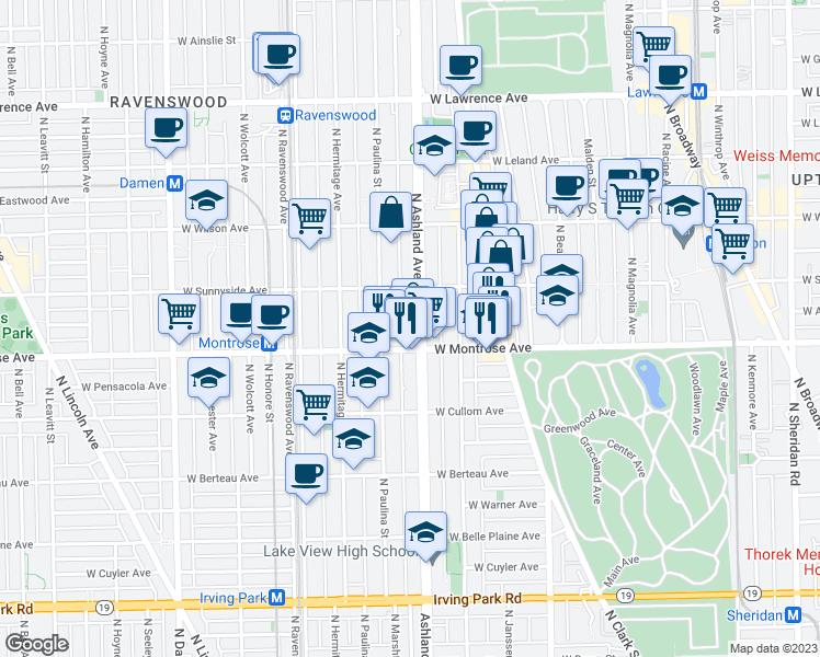 map of restaurants, bars, coffee shops, grocery stores, and more near 4433 North Ashland Avenue in Chicago