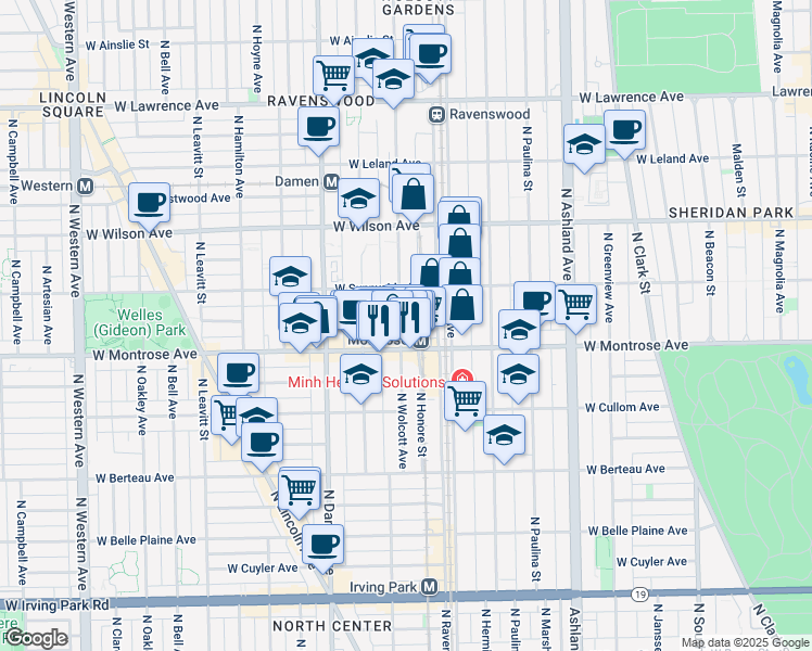 map of restaurants, bars, coffee shops, grocery stores, and more near 4432 North Wolcott Avenue in Chicago