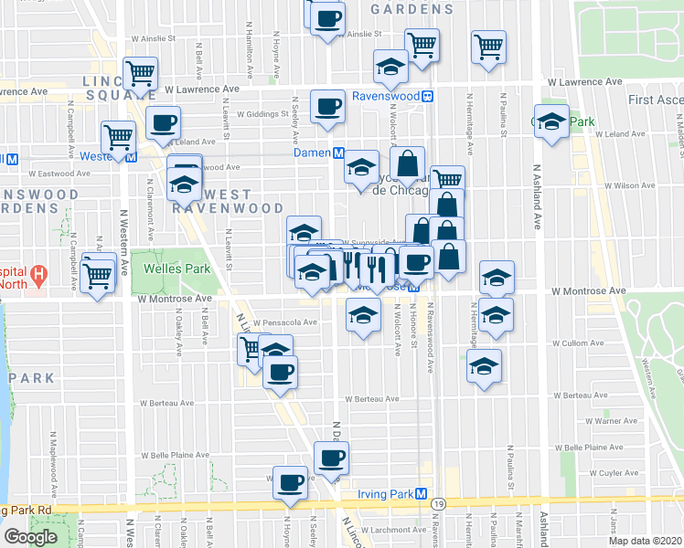 map of restaurants, bars, coffee shops, grocery stores, and more near 4430 North Winchester Avenue in Chicago