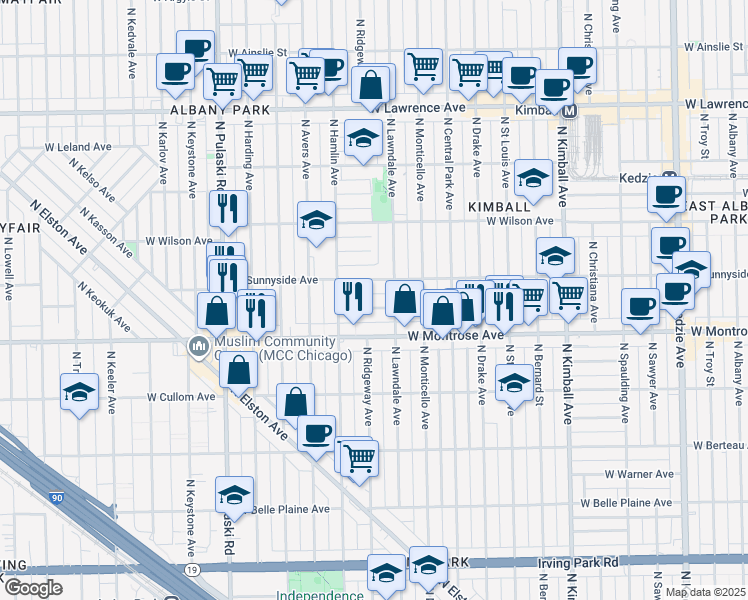 map of restaurants, bars, coffee shops, grocery stores, and more near 3725 West Sunnyside Avenue in Chicago