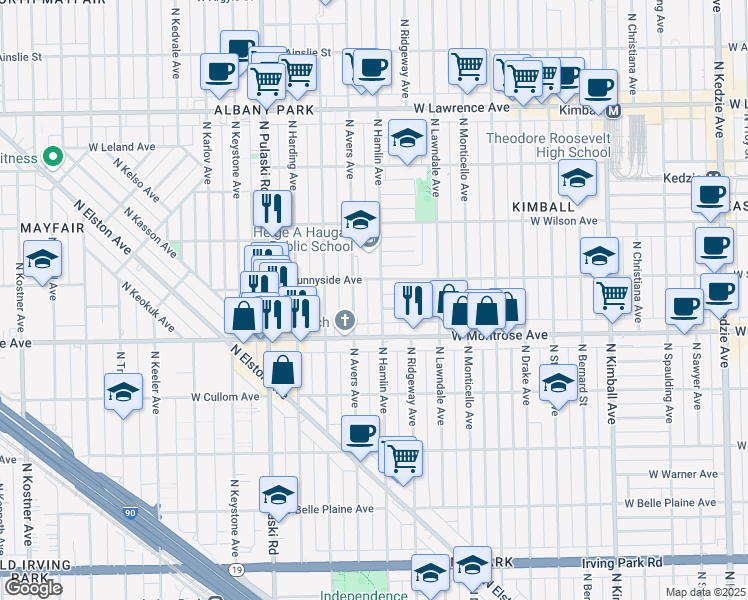 map of restaurants, bars, coffee shops, grocery stores, and more near 4446 North Hamlin Avenue in Chicago