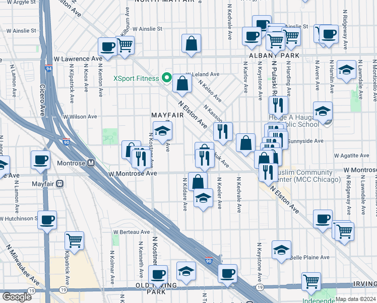 map of restaurants, bars, coffee shops, grocery stores, and more near 4455 North Kildare Avenue in Chicago