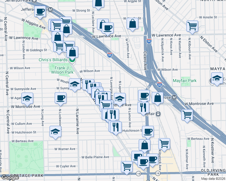 map of restaurants, bars, coffee shops, grocery stores, and more near 5012 West Sunnyside Avenue in Chicago