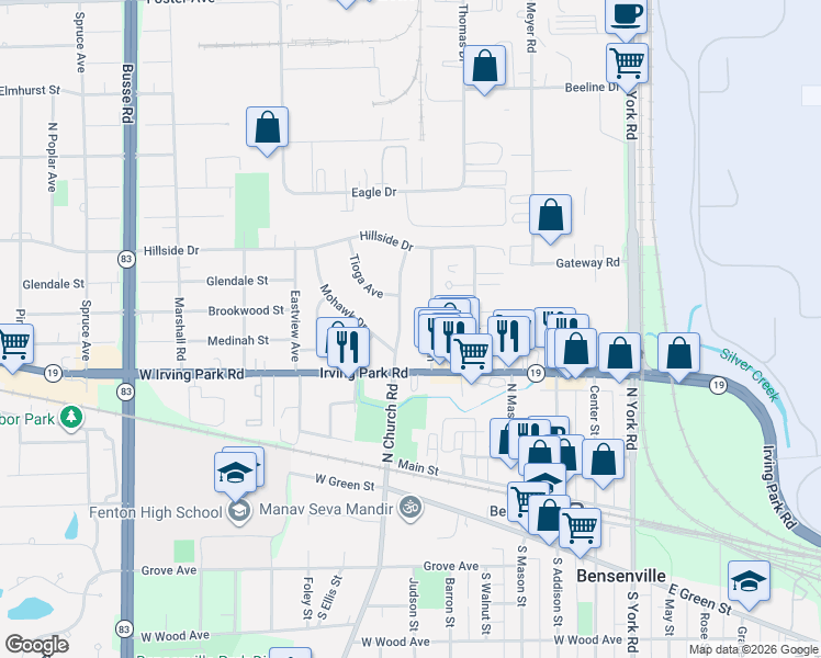 map of restaurants, bars, coffee shops, grocery stores, and more near 222 Poppy Lane in Bensenville