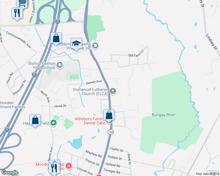 map of restaurants, bars, coffee shops, grocery stores, and more near 671 North Main Street in Attleboro