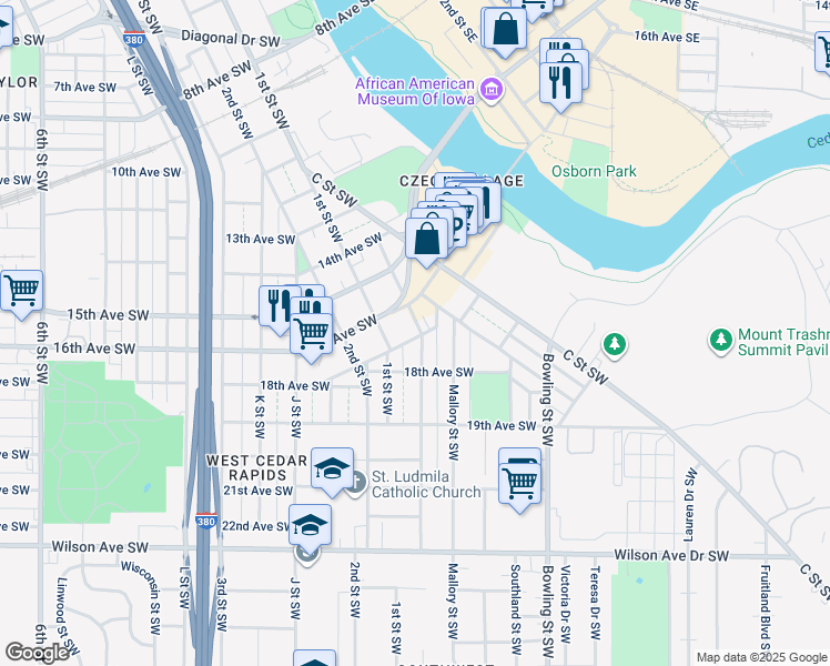 map of restaurants, bars, coffee shops, grocery stores, and more near 1626 Hamilton Street Southwest in Cedar Rapids