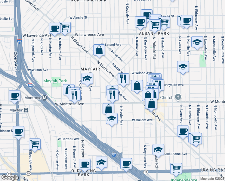 map of restaurants, bars, coffee shops, grocery stores, and more near 4447 North Tripp Avenue in Chicago