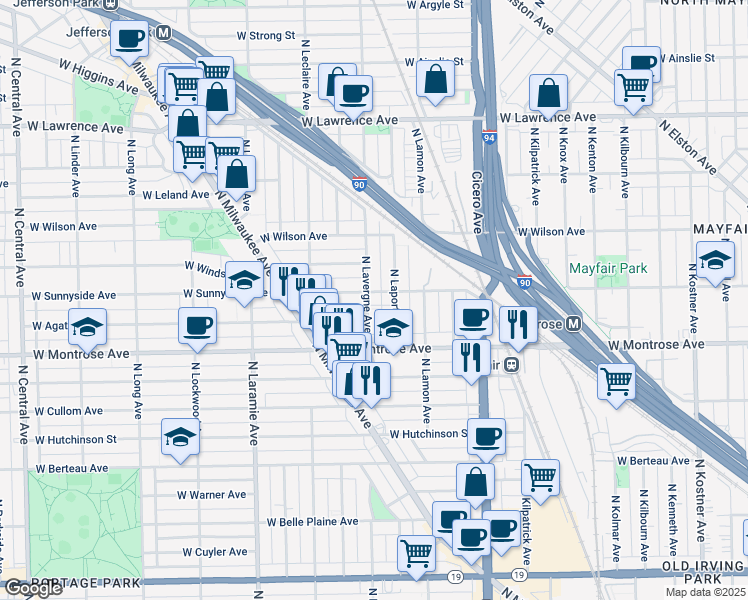 map of restaurants, bars, coffee shops, grocery stores, and more near 4939 West Sunnyside Avenue in Chicago