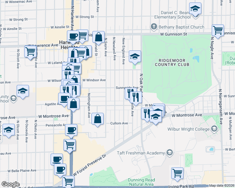 map of restaurants, bars, coffee shops, grocery stores, and more near 4449 North Newland Avenue in Harwood Heights