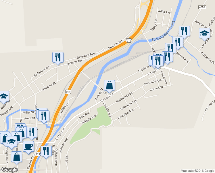 map of restaurants, bars, coffee shops, grocery stores, and more near Homestead Avenue in Bradford