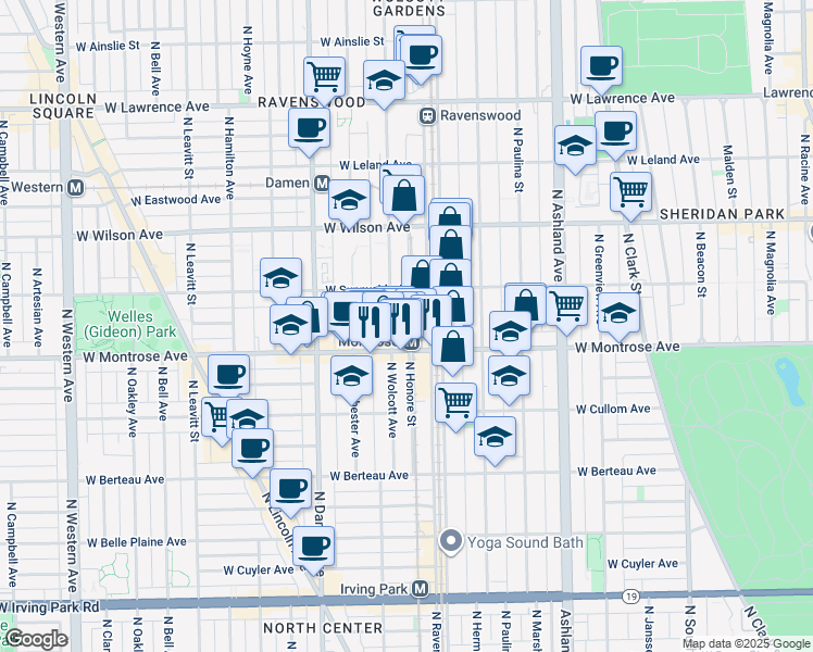 map of restaurants, bars, coffee shops, grocery stores, and more near 4423 North Wolcott Avenue in Chicago